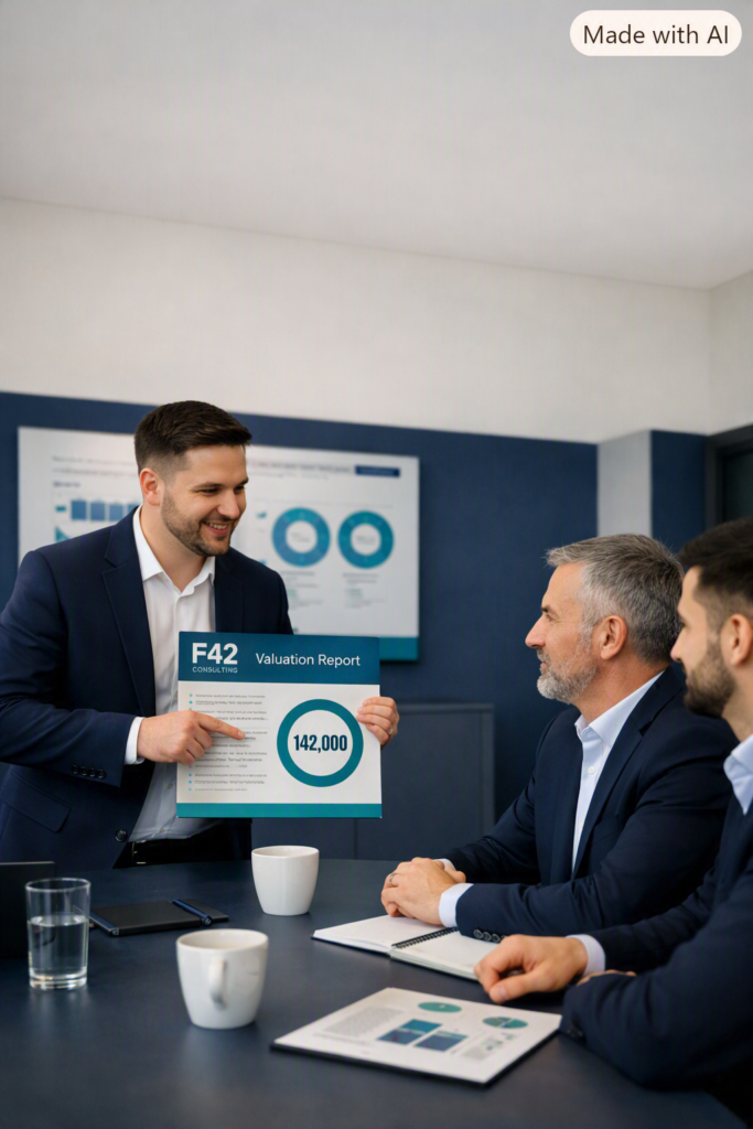 Professional presents an F42 Consulting branded valuation report to a client