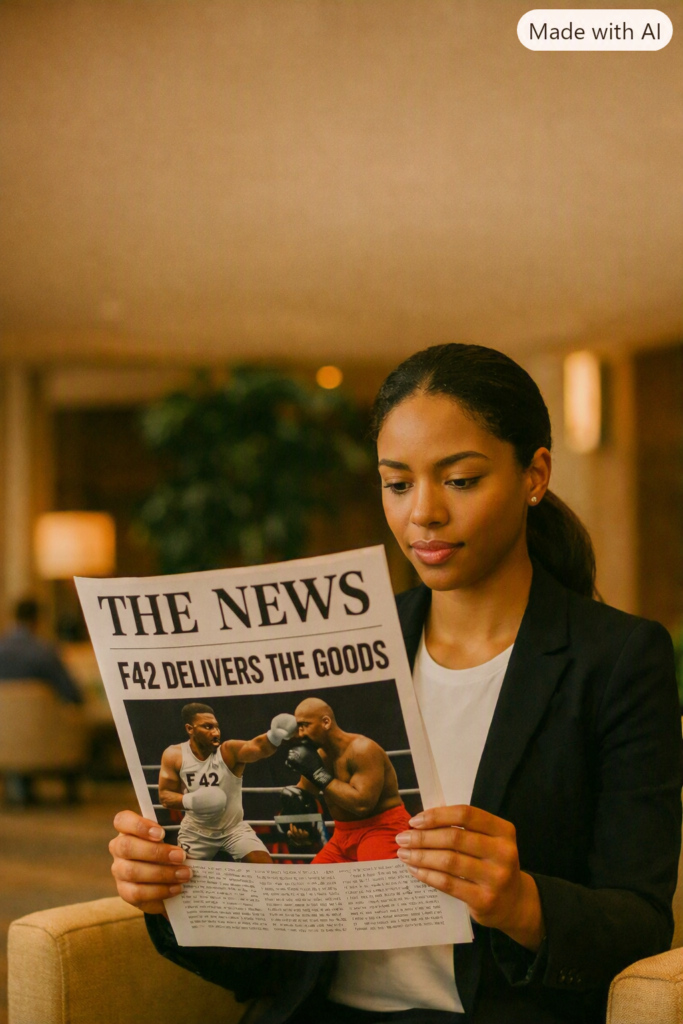 Woman reading a newspaper with the headline ‘F42 Delivers the Goods’ and a boxing photo