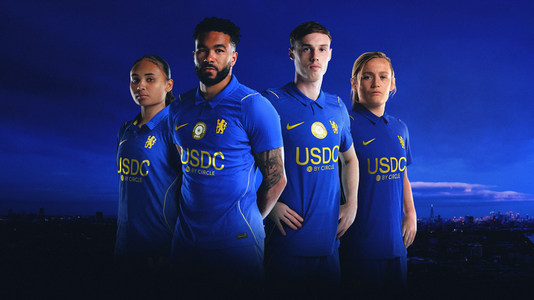 Chelsea players model their new front-of-shirt sponsor, USDC by Circle
